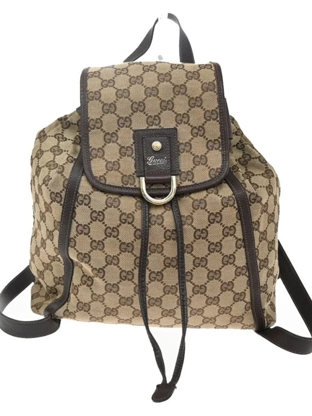 GUCCI Logo GG Pattern Backpack Bag Canvas Leather Brown GHW Italy 77YJ322